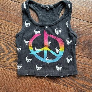 Flowers by Zoe Black Tank Top with Rainbow Peace Sign and Skulls